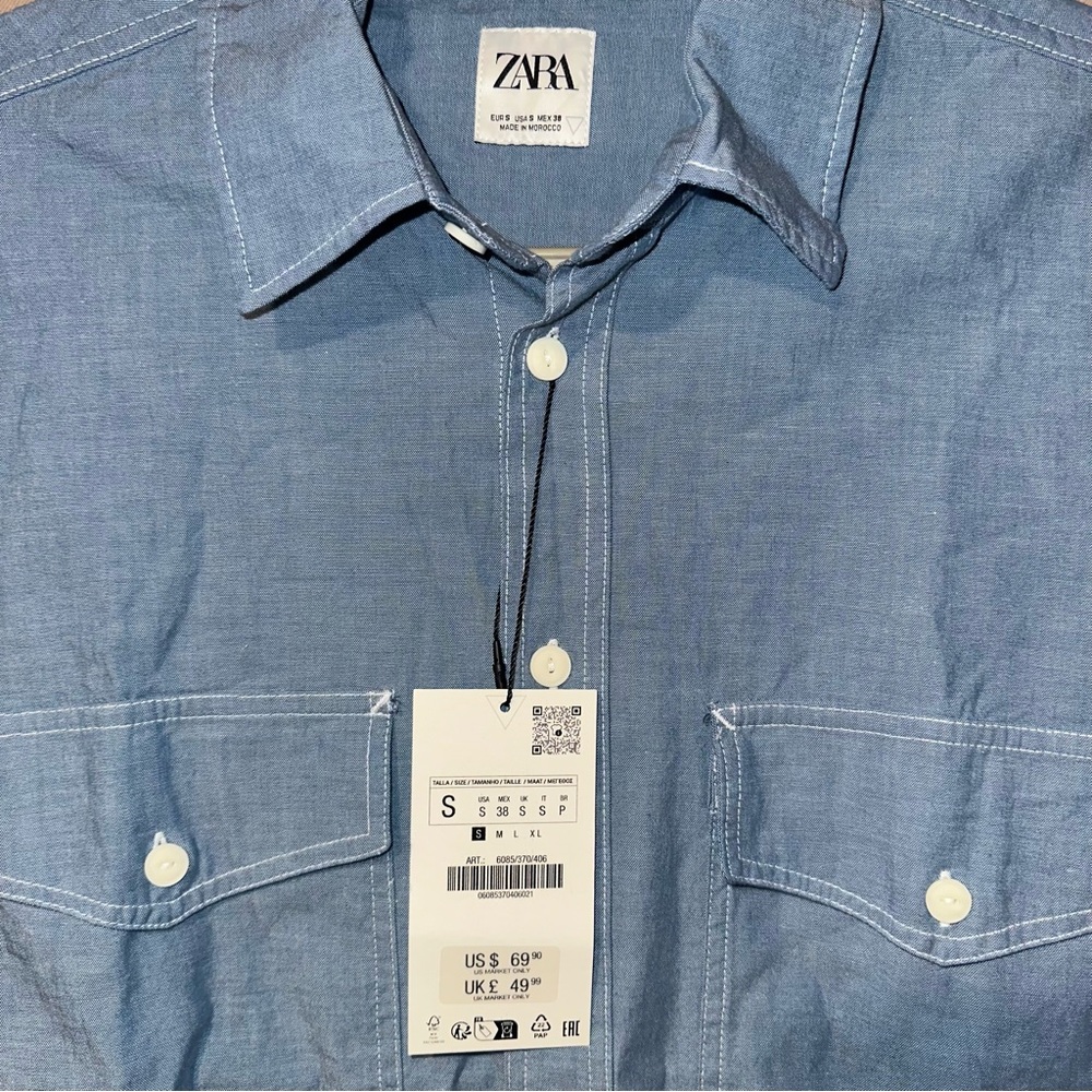 Zara Mens Blue Chambray Denim Regular Fit Button Up Long Sleeve Shirt NWT Size S - Picture 3 of 5
